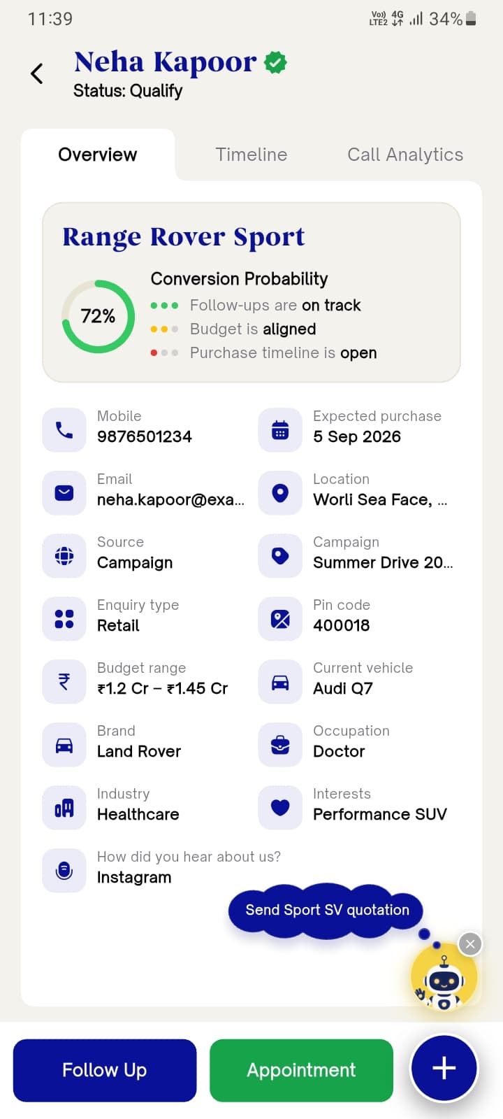 Customer overview for Neha Kapoor with 72 percent conversion probability and lead details