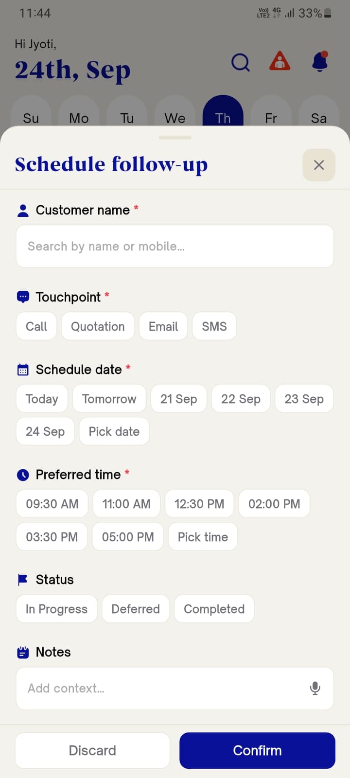 Schedule follow-up form with touchpoint, date, time, status, and notes