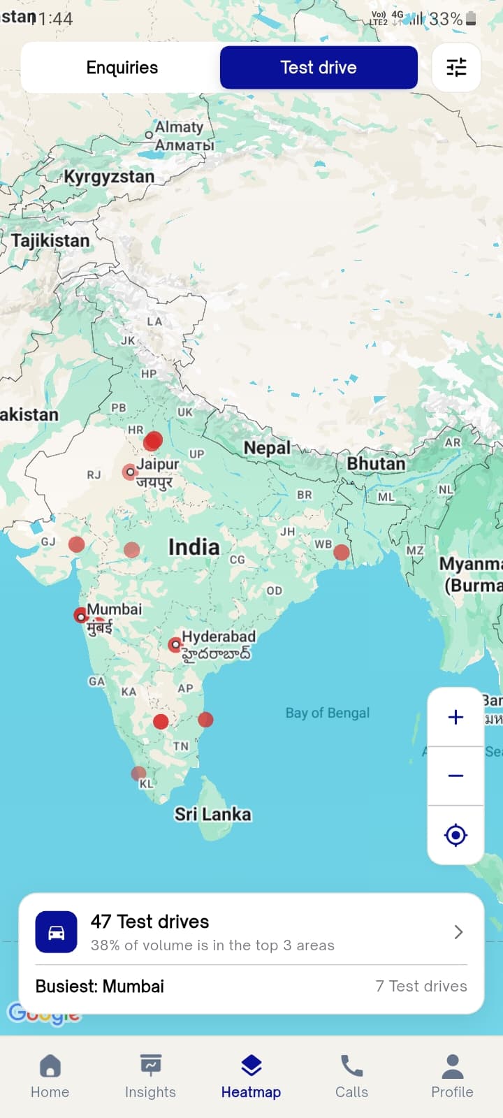 Geographic heatmap of test drives across India, with Mumbai as the busiest area