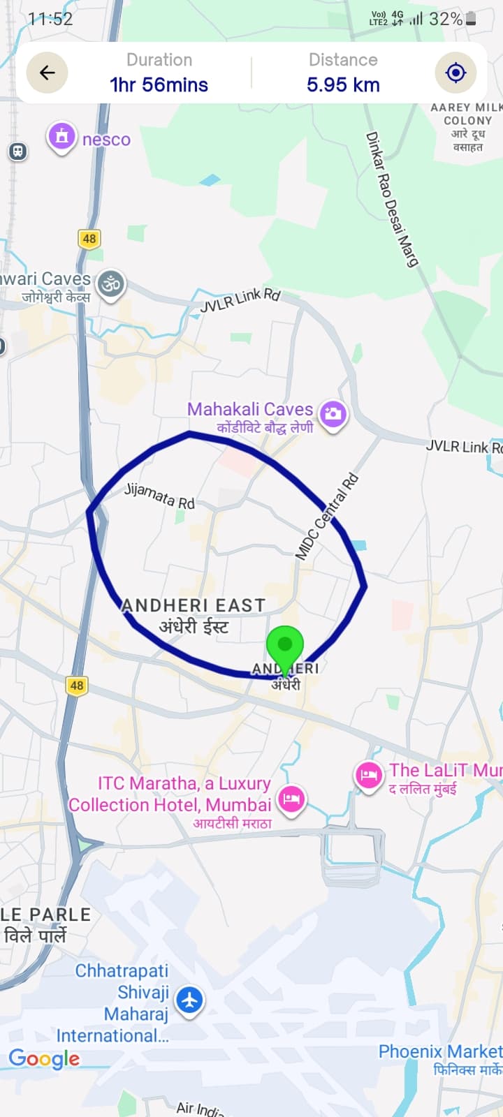 Exact GPS test-drive route in Andheri East with duration and distance